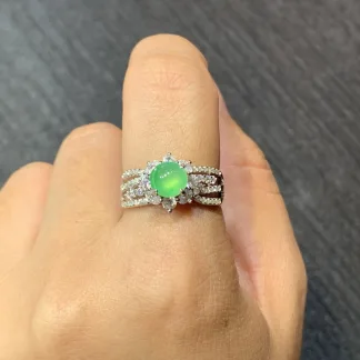 High-Icy Glowing Green Natural Jadeite Cabochon Ring — S925 Silver · No. 4210