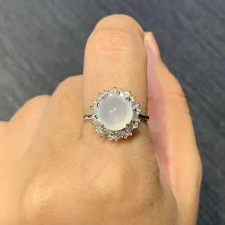 Icy Glowing Natural Jadeite Cabochon Ring — S925 Silver · No. 2CB3