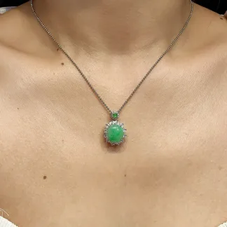 Icy Vivid Green Natural Jadeite Cabochon Pendant — S925 Silver · No. F08D