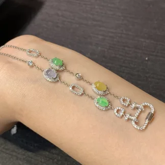 High-Icy Multicolor Natural Jadeite Convertible Cabochon Chain — S925 Silver · No. 0AF3
