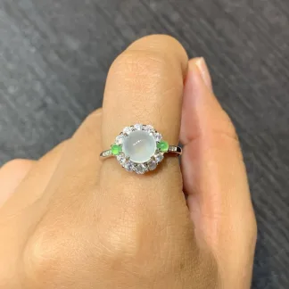 High-Icy Glowing Natural Jadeite Cabochon Ring — S925 Silver · No. B7DC