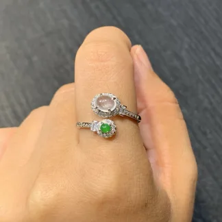 High-Icy White and Green Natural Jadeite Cabochon Ring — S925 Silver · No. 6FC4