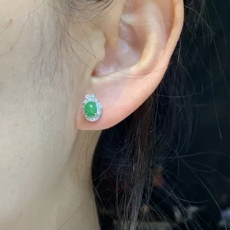 Icy Vivid Green Natural Jadeite Cabochon Stud Earrings — S925 Silver · No. A2E0