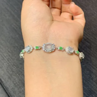 High-Icy Glowing Natural Jadeite Cabochon Bracelet — S925 Silver · No. 5AA6