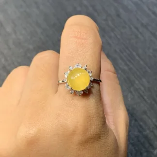 High-Icy Honey Yellow Natural Jadeite Cabochon Ring — S925 Silver · No. 942B