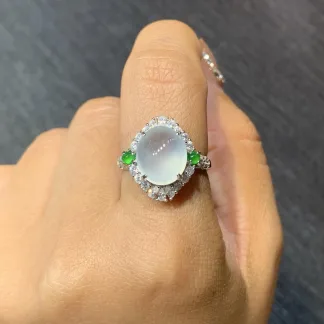 High-Icy Lustrous Natural Jadeite Cabochon Ring — S925 Silver · No. C08E