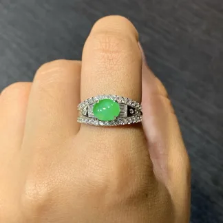 Icy Soft Vivid Green Natural Jadeite Cabochon Ring — S925 Silver · No. 0B0B