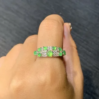 Icy Clear Green Natural Jadeite Multi-Stone Cabochon Band — S925 Silver · No. B6AE