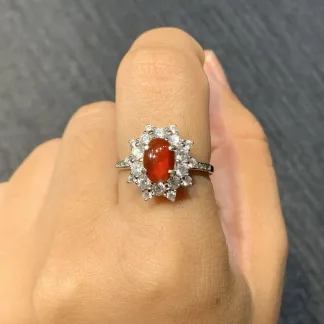 High-Icy Russet Red Natural Jadeite Cabochon Ring — S925 Silver · No. DFCE