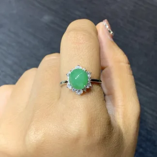 Vivid Green Natural Jadeite Cabochon Ring — S925 Silver · No. 55DC