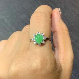 Icy Vivid Green Natural Jadeite Cabochon Ring — S925 Silver · No. 02BB