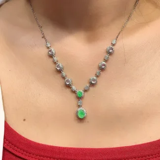 High-Icy Glassy White and Green Natural Jadeite Cabochon Necklace — S925 Silver · No. 8515