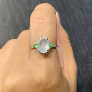 High-Icy Glowing Natural Jadeite Cabochon Ring — S925 Silver · No. D2A3