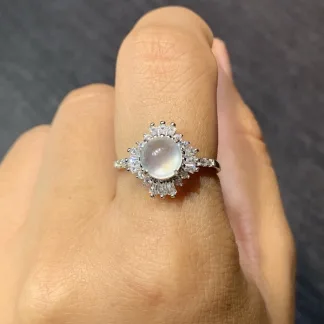 High-Icy Glowing Natural Jadeite Cabochon Ring — S925 Silver · No. 1E1C