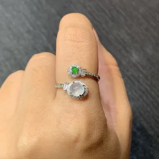 High-Icy Glowing White and Green Natural Jadeite Cabochon Ring — S925 Silver · No. 8561