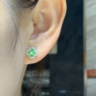 Icy Glowing Green Four-Leaf Clover Natural Jadeite Cabochon Stud Earrings — S925 Silver · No. 7EDA