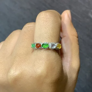 High-Icy Multicolor Natural Jadeite Cabochon Ring — S925 Silver · No. 0DD9