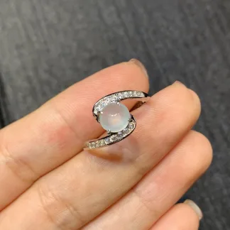 High-Icy Glowing Natural Jadeite Cabochon Ring — S925 Silver · No. DB3F