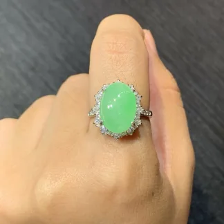 Icy Vivid Green Natural Jadeite Cabochon Ring — S925 Silver · No. A23B