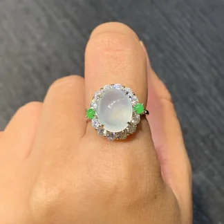 High-Icy Glowing Natural Jadeite Cabochon Ring — S925 Silver · No. C877