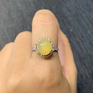 High-Icy Honey Yellow Natural Jadeite Cabochon Ring — S925 Silver · No. F8EF