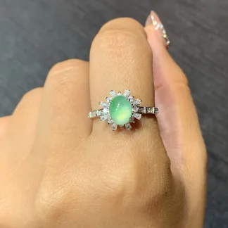 High-Icy Glowing Green Natural Jadeite Cabochon Ring — S925 Silver · No. FFD2