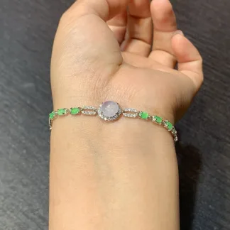 High-Icy White and Green Natural Jadeite Cabochon Bracelet — S925 Silver · No. B9B5