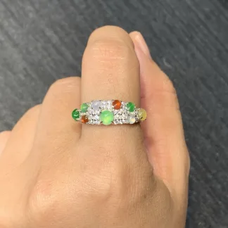 High-Icy Multicolor Natural Jadeite Cabochon Ring — S925 Silver · No. 425B