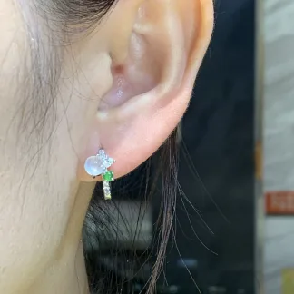 High-Icy Glowing Natural Jadeite Cabochon Huggie Earrings — S925 Silver · No. 07AE