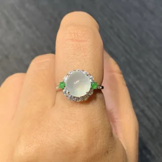 High-Icy Glowing Natural Jadeite Cabochon Ring — S925 Silver · No. C44C