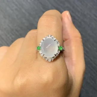 High-Icy Glowing Natural Jadeite Cabochon Ring — S925 Silver · No. B71B