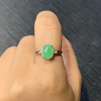 Icy Vivid Green Natural Jadeite Cabochon Ring — S925 Silver · No. E6B7