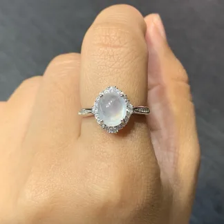 High-Icy Glowing Natural Jadeite Cabochon Ring — S925 Silver · No. A3FD