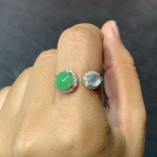 White and Green Natural Jadeite Cabochon Ring — S925 Silver · No. F73F