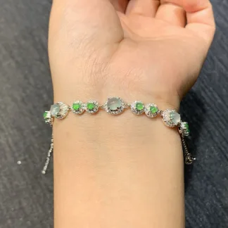 High-Icy Clear and Green Natural Jadeite Cabochon Bracelet — S925 Silver · No. 362F