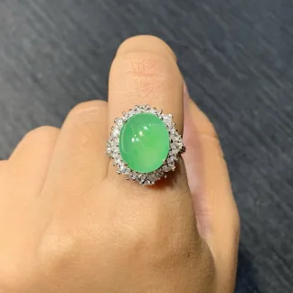 High-Icy Vivid Green Natural Jadeite Cabochon Ring — S925 Silver · No. CE39