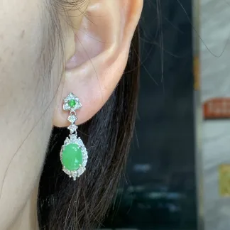 Icy Vivid Green Natural Jadeite Cabochon Drop Earrings — S925 Silver · No. 5A73