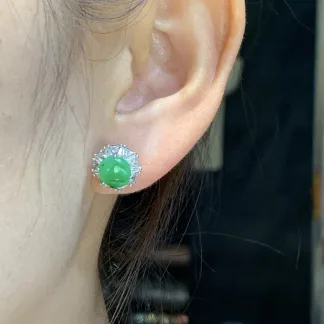 High-Icy Vivid Green Natural Jadeite Cabochon Stud Earrings — S925 Silver · No. 1C27