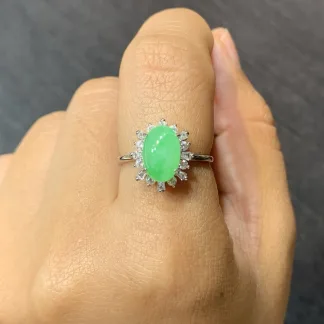 Icy Vivid Green Natural Jadeite Cabochon Ring — S925 Silver · No. 133D