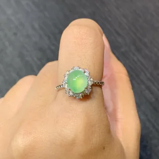 High-Icy Clear Green Natural Jadeite Cabochon Ring — S925 Silver · No. FBB3