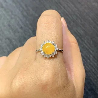 High-Icy Honey Yellow Natural Jadeite Cabochon Ring — S925 Silver · No. BA45