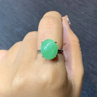 Icy Vivid Green Natural Jadeite Cabochon Ring — S925 Silver · No. F87C