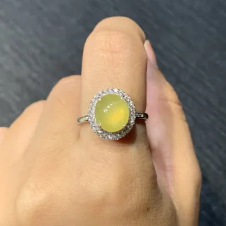 High-Icy Honey Yellow Natural Jadeite Cabochon Ring — S925 Silver · No. D76E