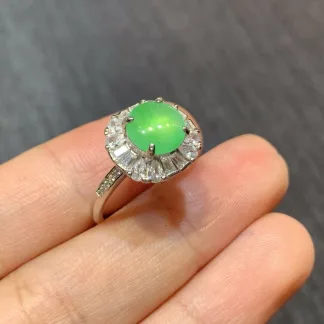 High-Icy Glowing Green Natural Jadeite Cabochon Ring — S925 Silver · No. 78DA