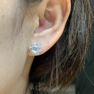 High-Icy Glowing Natural Jadeite Cabochon Stud Earrings — S925 Silver · No. 905B