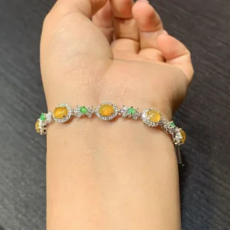 High-Icy Honey Yellow Natural Jadeite Cabochon Bracelet — S925 Silver · No. DDD6