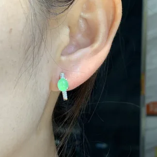 High-Icy Glowing Green Natural Jadeite Cabochon Huggie Earrings — S925 Silver · No. 870C