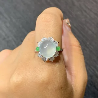 High-Icy Glowing Natural Jadeite Cabochon Ring — S925 Silver · No. 4F27