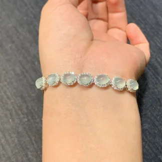 High-Icy Glowing Clear Natural Jadeite Cabochon Bracelet — S925 Silver · No. 349F