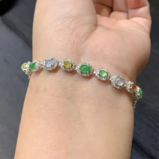 High-Icy Multicolor Natural Jadeite Cabochon Bracelet — S925 Silver · No. D27C